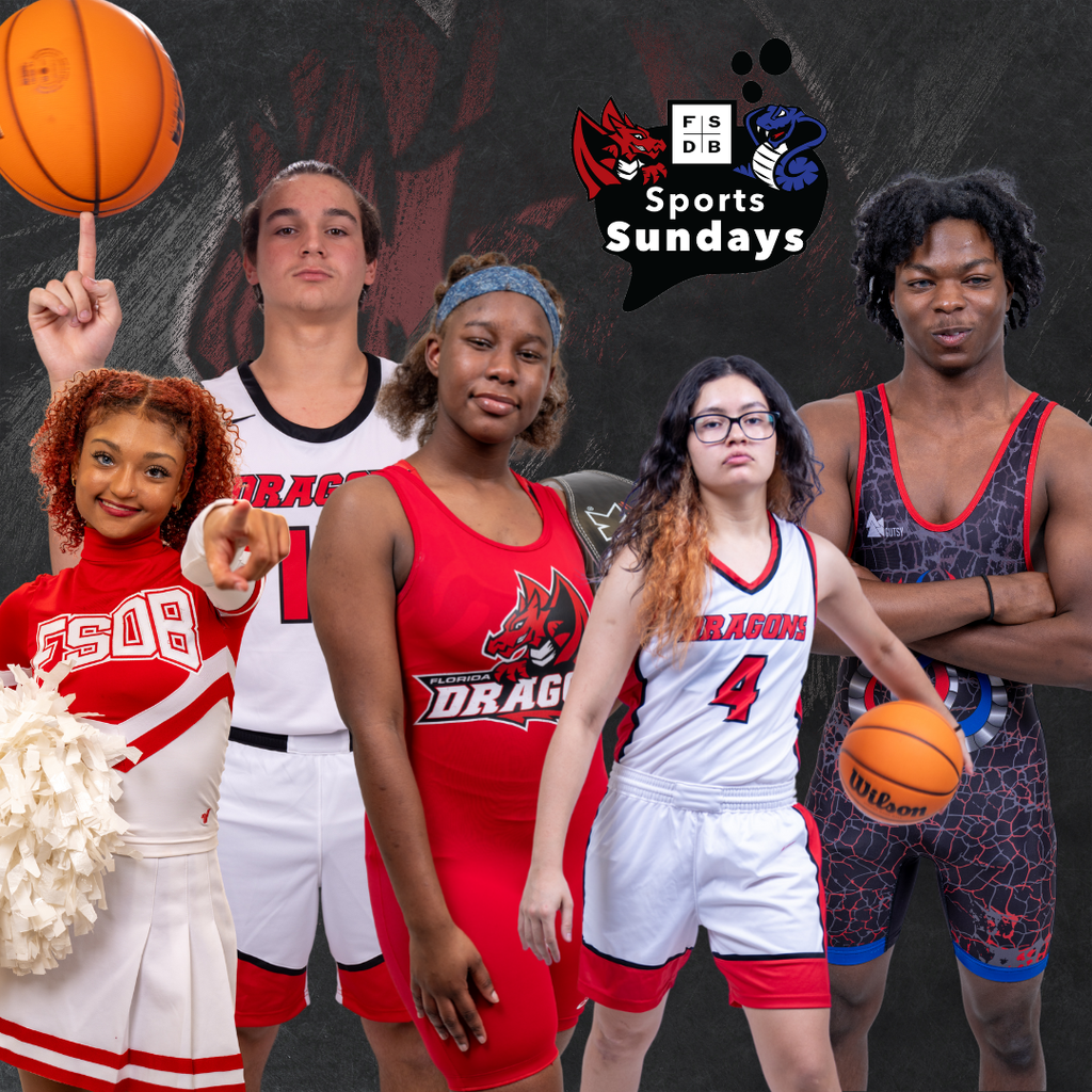 Five different students dressed in the uniforms of five different sports; Cheerleading, Boys Basketball, Girls Basketball, Girls Weightlifting, and Wrestling.