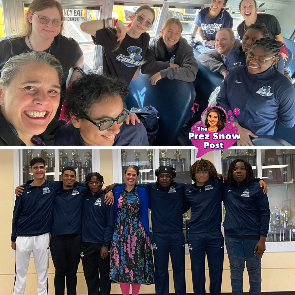 Top photo is a selfie of Tracie Snow with the girls goal ball team, and the bottom photo is a photo of Tracie smiling with the boys goal ball team.