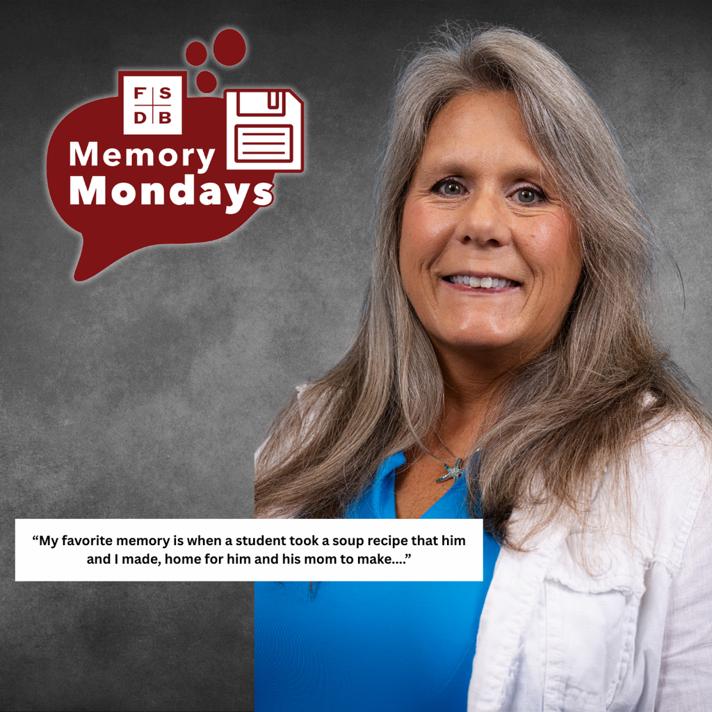 Tracey is wearing a blue shirt with white jacket smiling for her photo with a white text box below that says "My favorite memory is when a student took a soup recipe that him and I made, home for him and his mom to make...."
