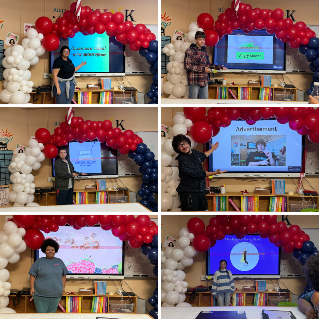 Six photos of students smiling with their created logo on the power point board inside the D&B Designs classroom.