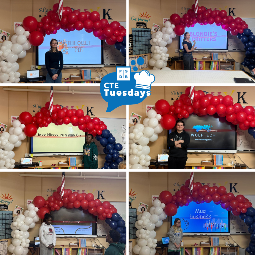 Six photos of students smiling with their created logo on the power point board inside the D&B Designs classroom.