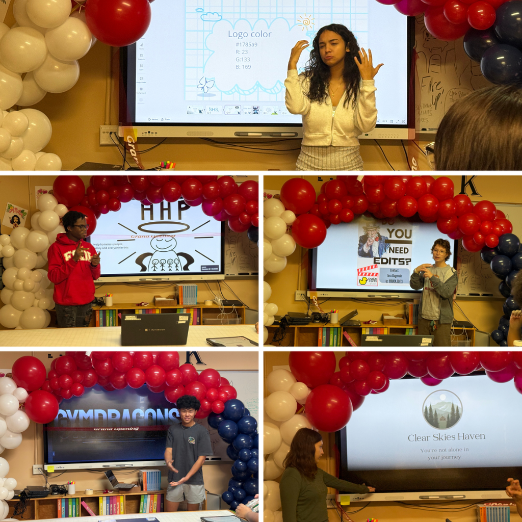 Five photos of students smiling with their created logo on the power point board inside the D&B Designs classroom.