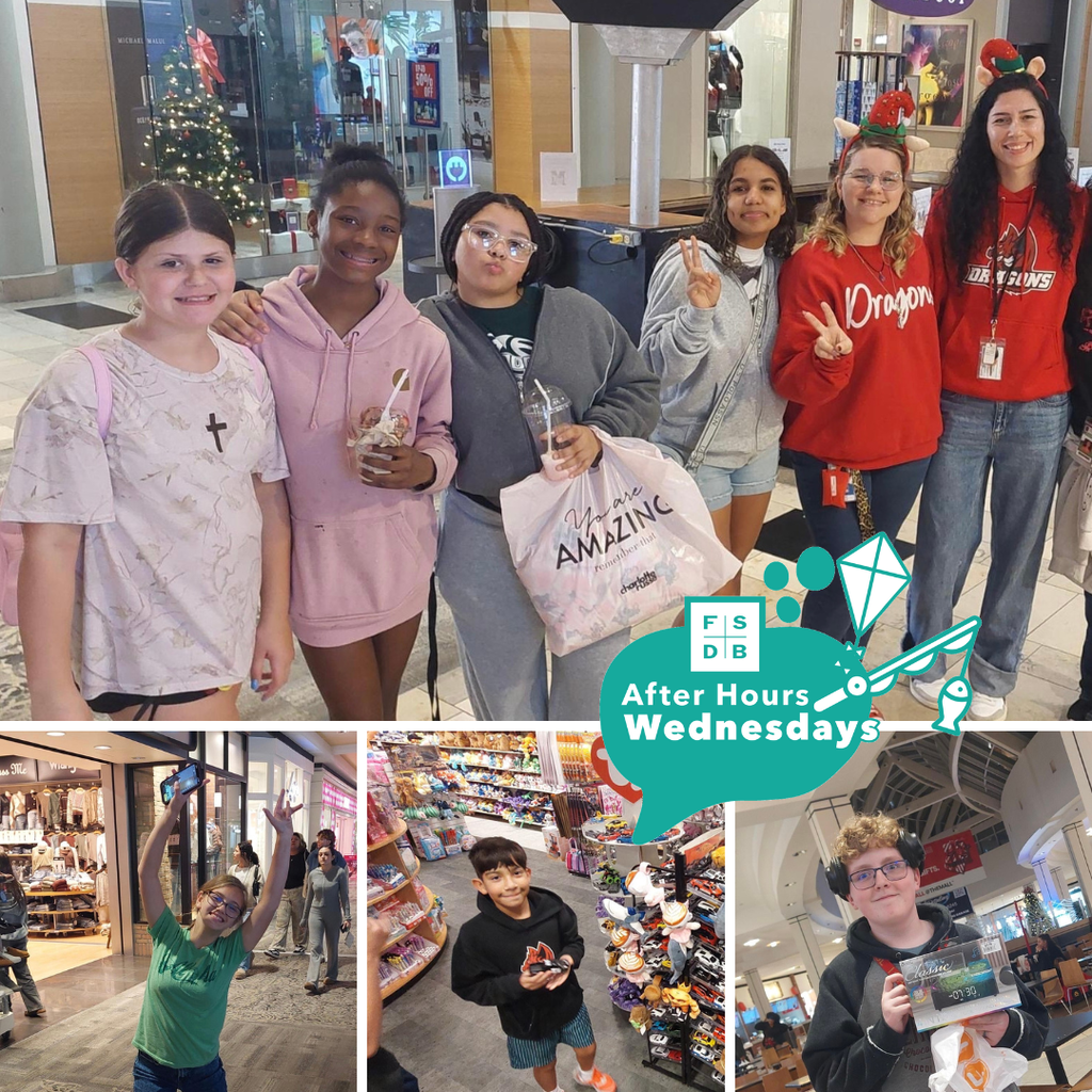 Four photo collage of blind and deaf middle school students smiling for a photo in the mall.