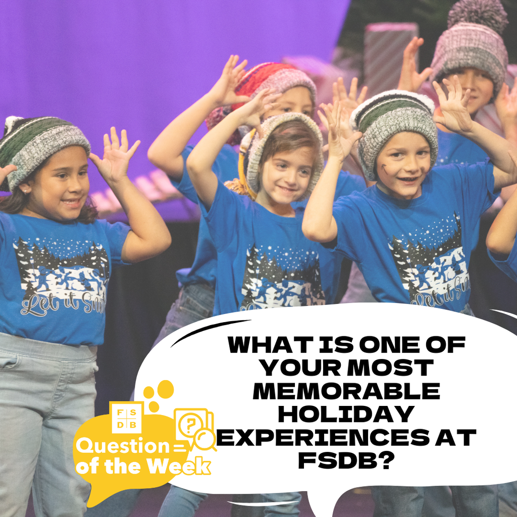 Photo of deaf students wearing a blue matching shirt that says "let it snow" and signing reindeer on stage in Kirk. Below the photo is a white quote box that says "What is one of your most memorable holiday experiences at FSDB?"
