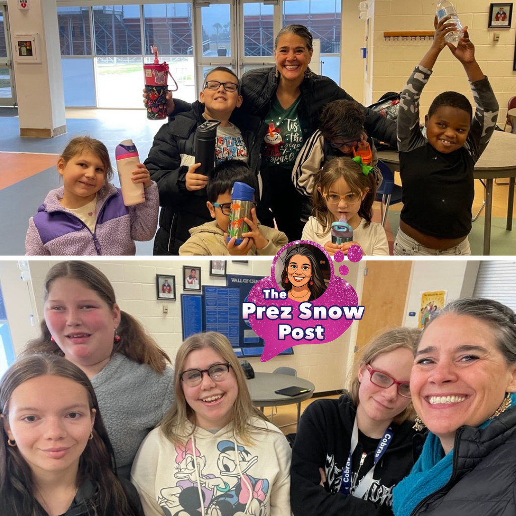 Top photo is a photo of Traice smiling with blind elementary students holding water bottles and bottom photo is a selfie of Tracie with blind high school students smiling.