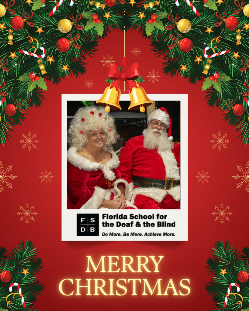 Red background with gold snowflakes scattered and Christmas tree with candy canes on all four corners of the photo, with a photo of Santa Claus and Mrs. Claus in the middle. Below the photo says "Merry Christmas" and the FSDB logo. 