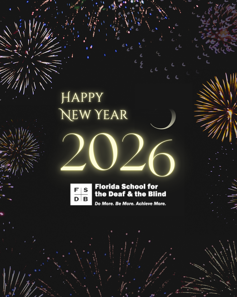 Black background with fireworks scattered all over and the words "Happy New Year" with the new year 2026 and FSDB logo in white. 