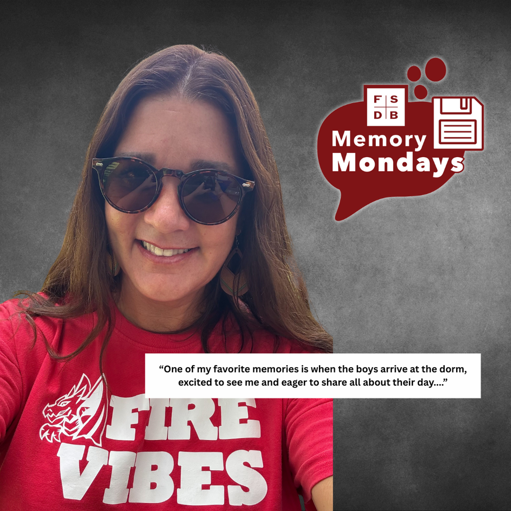 A selfie of Cristy wearing a red "Fire Vibes" t-shirt with a black and gray background, and white textbox below that says "One of my favorite memories is when the boys arrive at the dorm, excited to see me and eager to share all about their day...."