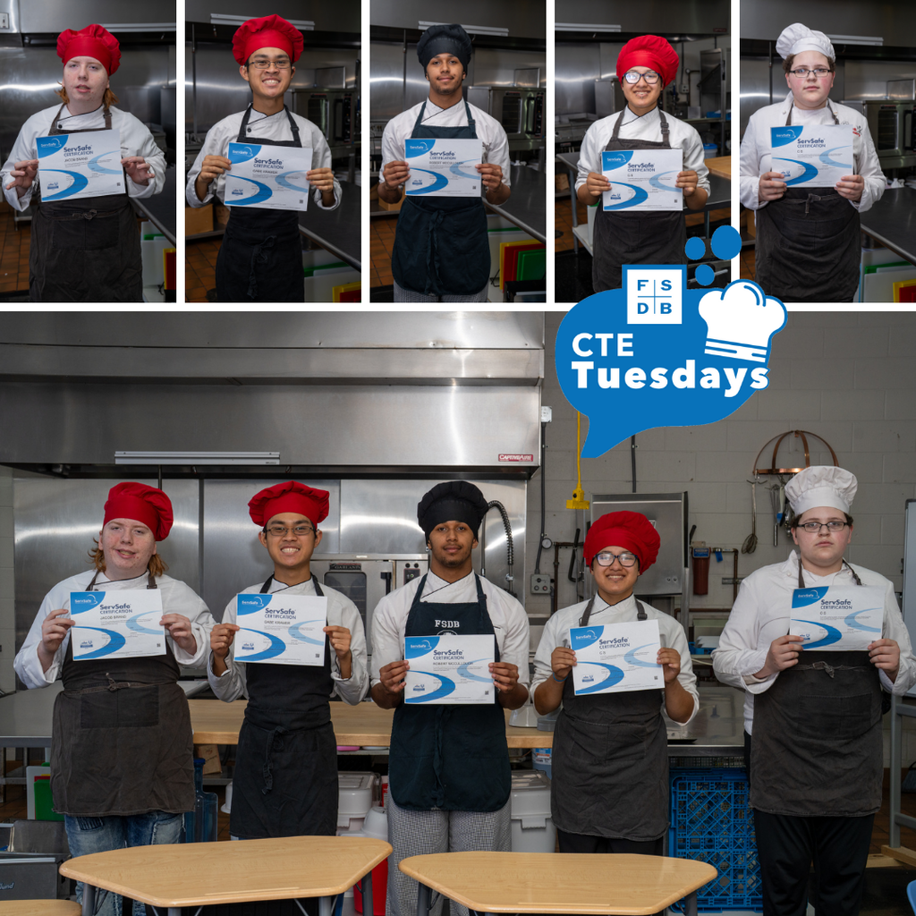 Top five photos are the individuals who passed the test, dressed in chef hat and apron smiling for the photo, and the bottom photo is a group photo of the five students holding their certifications inside the kitchen.