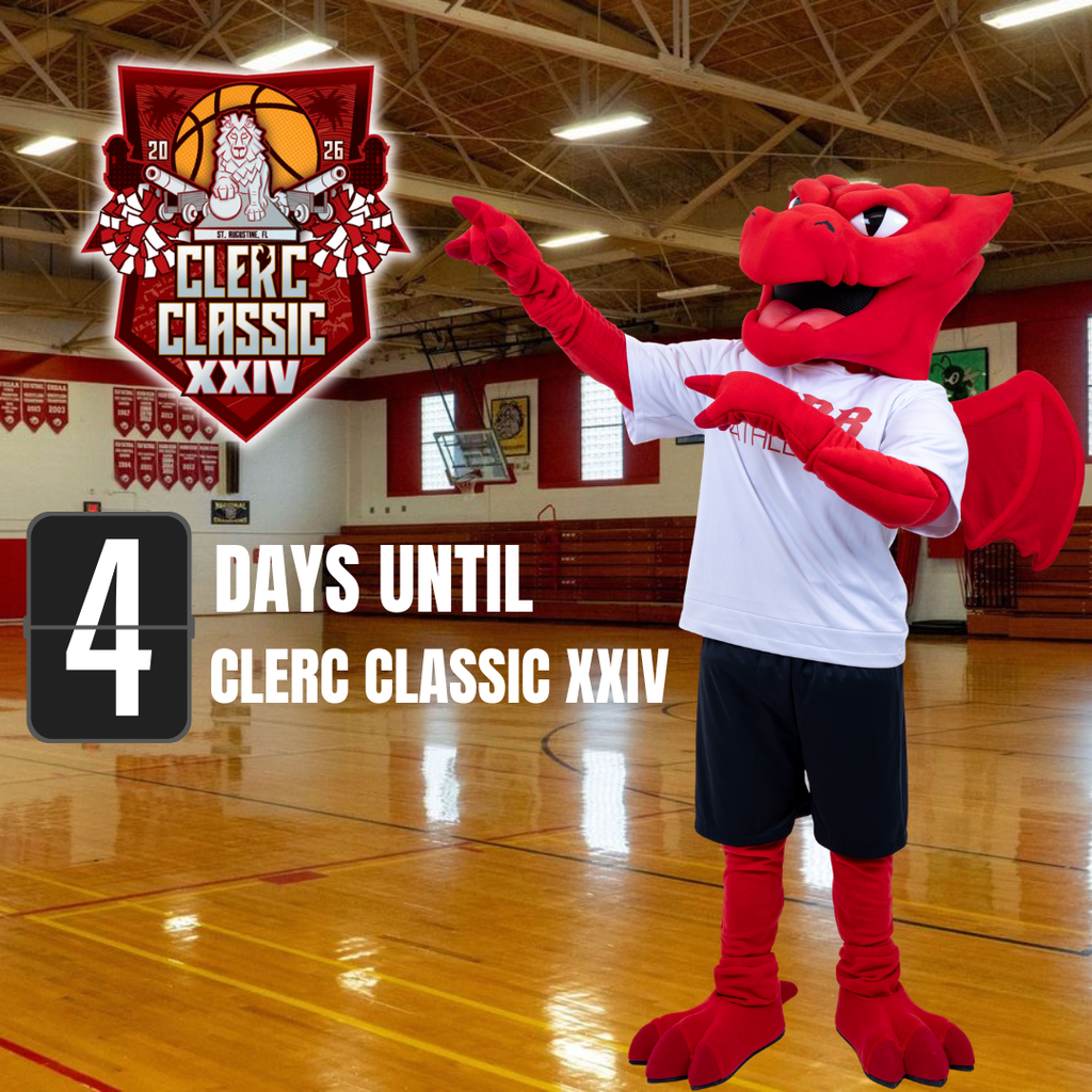 Background of the Setttles Gym, with Samy the Dragon on the right pointing to the Clerc Classic logo on the left with "4 days until Clerc Classic XXIV"  wording beneath it. 