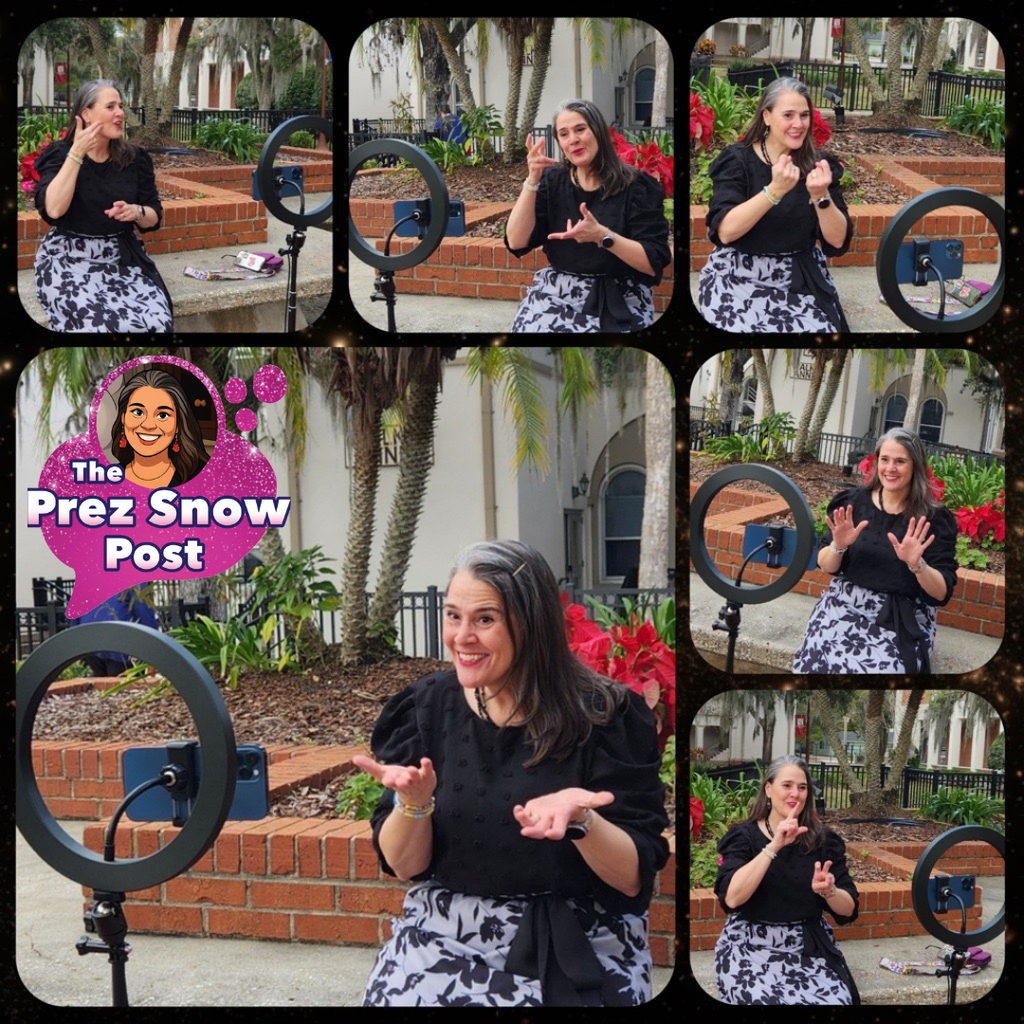 Six photo collage of President Tracie Snow signing behind the scenes for a Clerc Classic video outside on FSDB campus. 