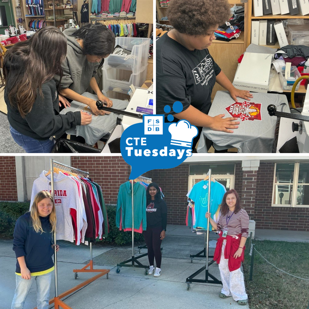 Three photos of FSDB students working on shirts and getting ready for the Clerc Classic this weekend. 