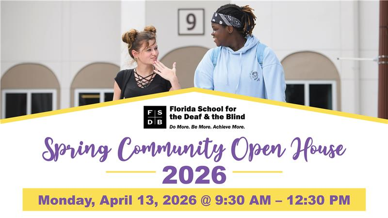 "Spring Community Open House 2026, Monday, April 13 from 9:30 AM - 12:30 PM" with a photo of two students signing outside a dorm.