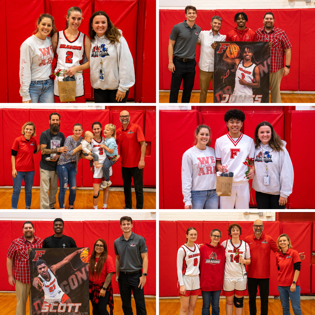 Six photos of Senior Cheerleaders, and Boys & Girls Basketball seniors smile for their photo with friends, coaches and family in Settles Gym.