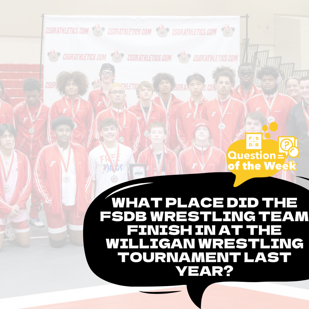 Faded photo of the FSDB Wrestling team wearing red warmup suit with a black quote box on bottom right that says "What place did the FSDB Wrestling finish in at the Willigan Wrestling Tournament last year?"