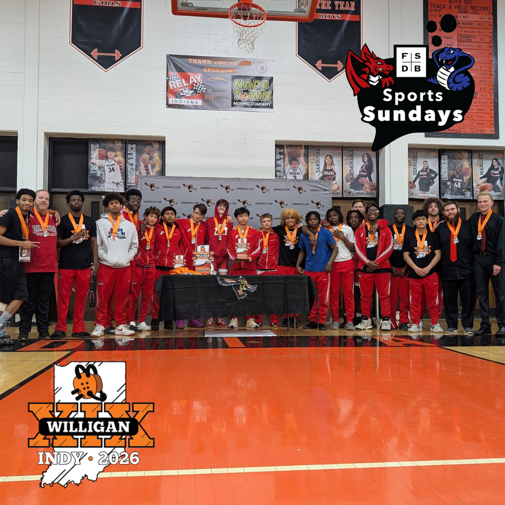 Group photo of the FSDB Wrestling team wearing medals and smiling for a photo at the Indiana School for the Deaf gym. 