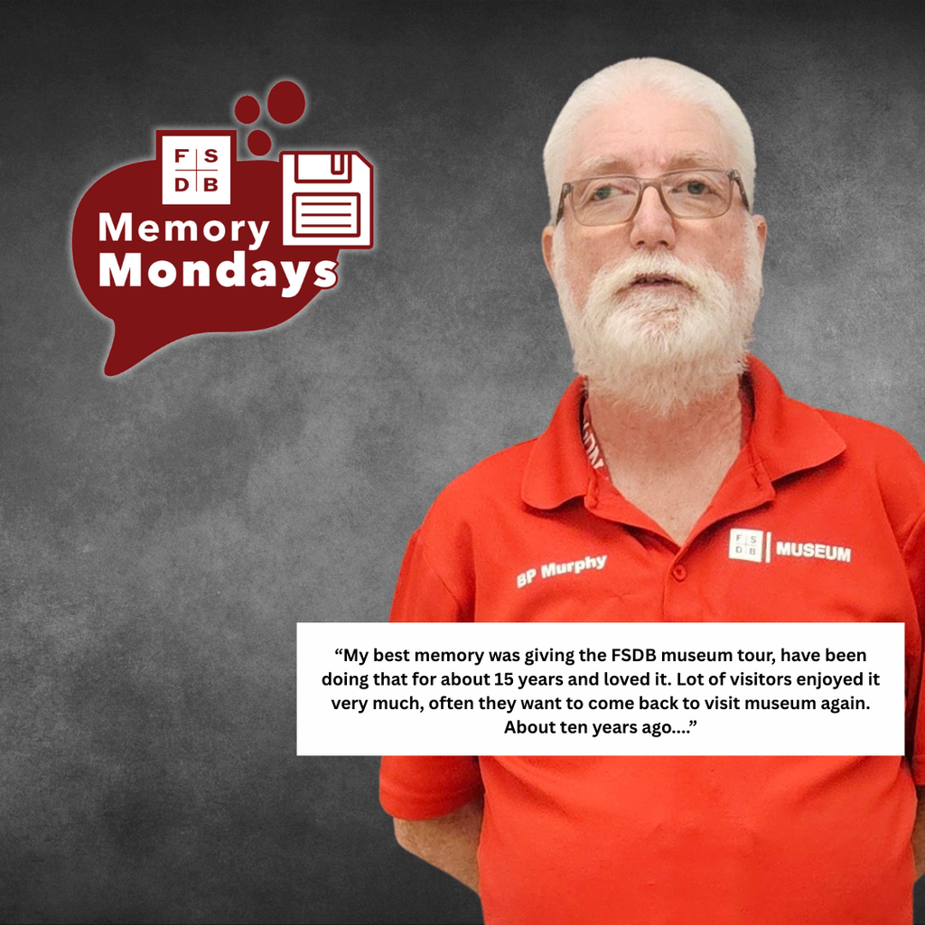 Photo of B.P wearing his red FSDB Museum shirt smiling for his photo with a white text box below that says  My best memory was giving the FSDB museum tour, have been doing that for about 15 years and loved it. Lot of visitors enjoyed it very much, often they want to come back to visit museum again. About ten years ago,.."