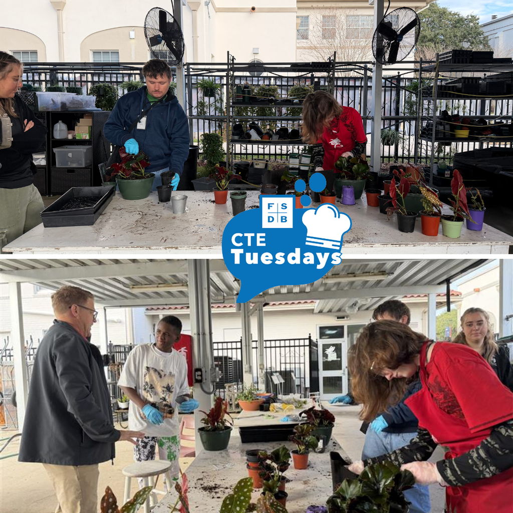 Two photos of the Garden center students working on hand on experience with planting outside of the garden center. 