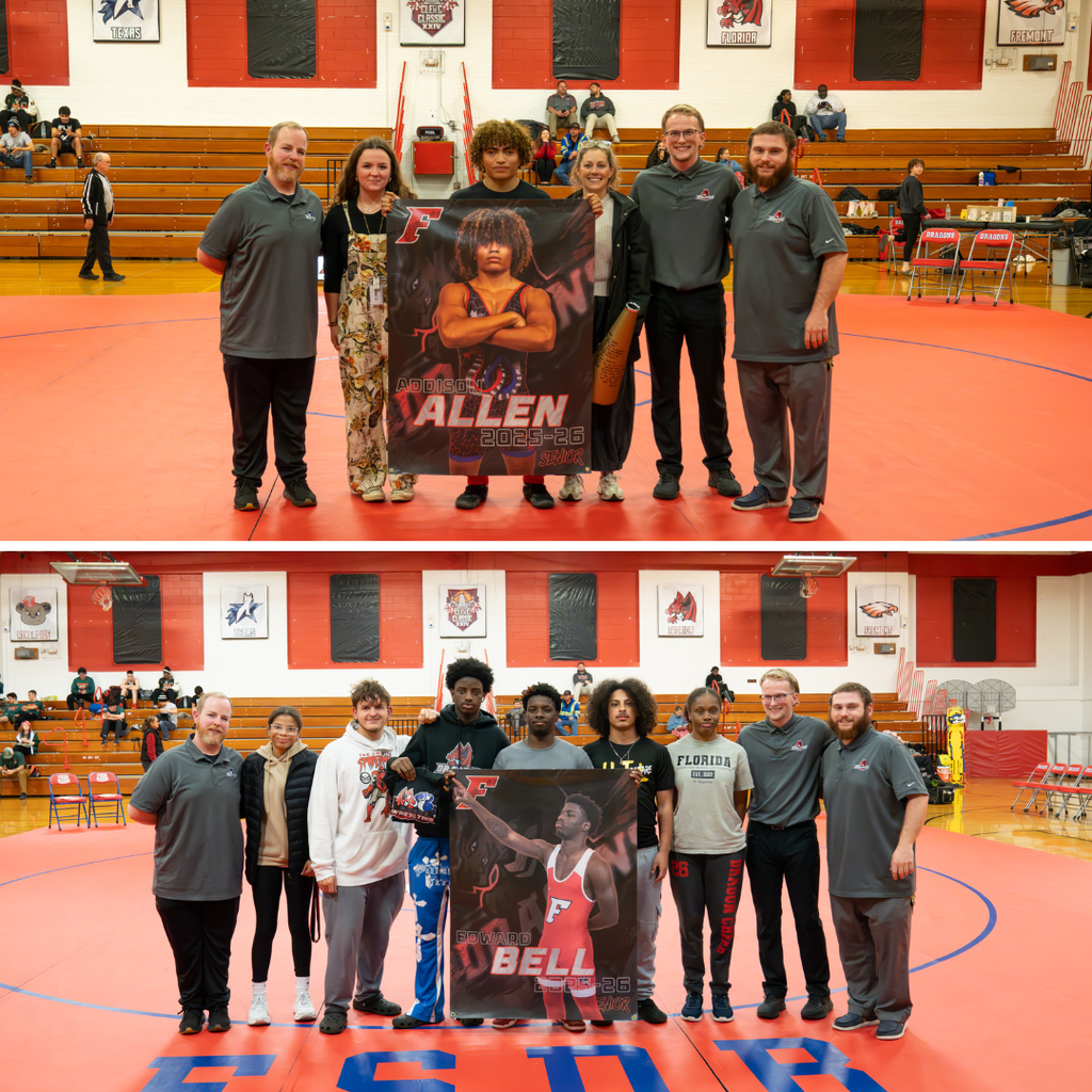 Two photo collage of Senior Wrestlers smiling with their family, friends staff members and coaches inside Settles Gym. 