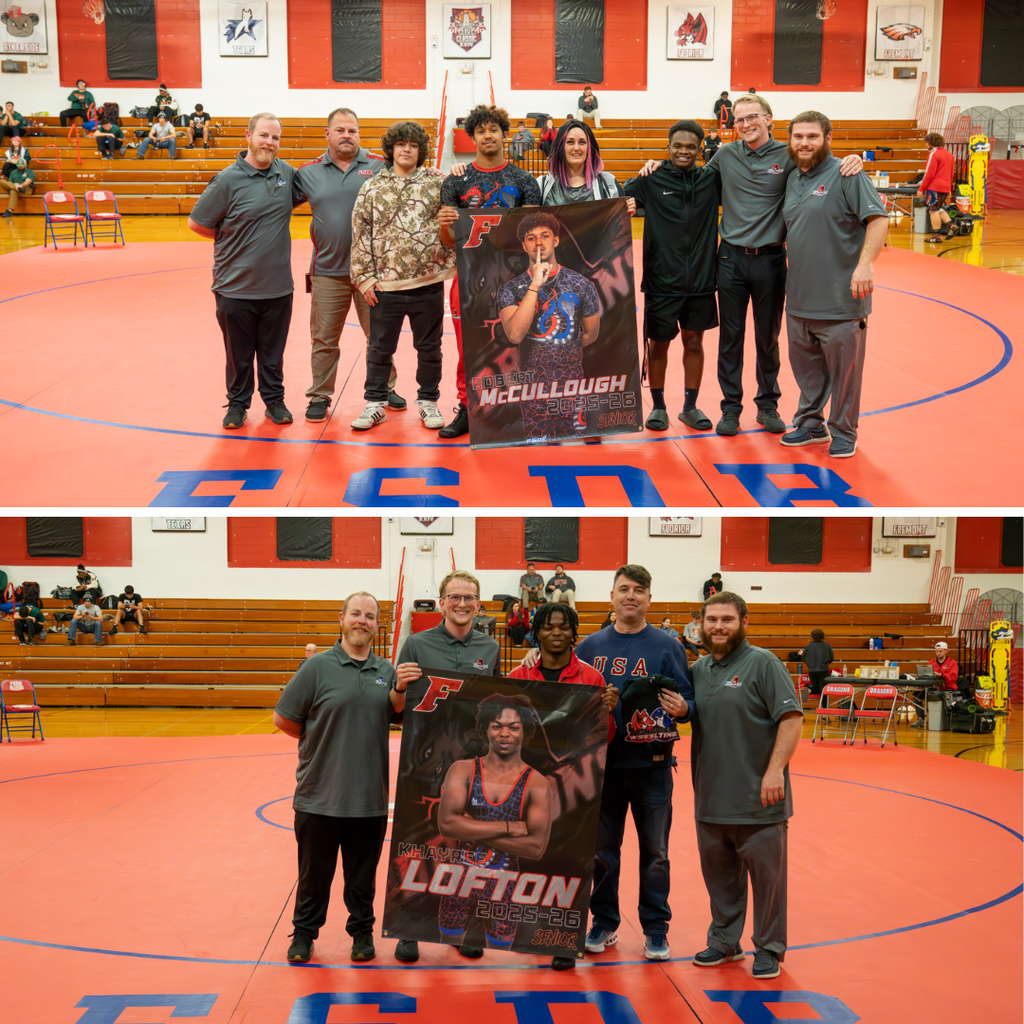 Two photo collage of Senior Wrestlers smiling with their family, friends staff members and coaches inside Settles Gym. 