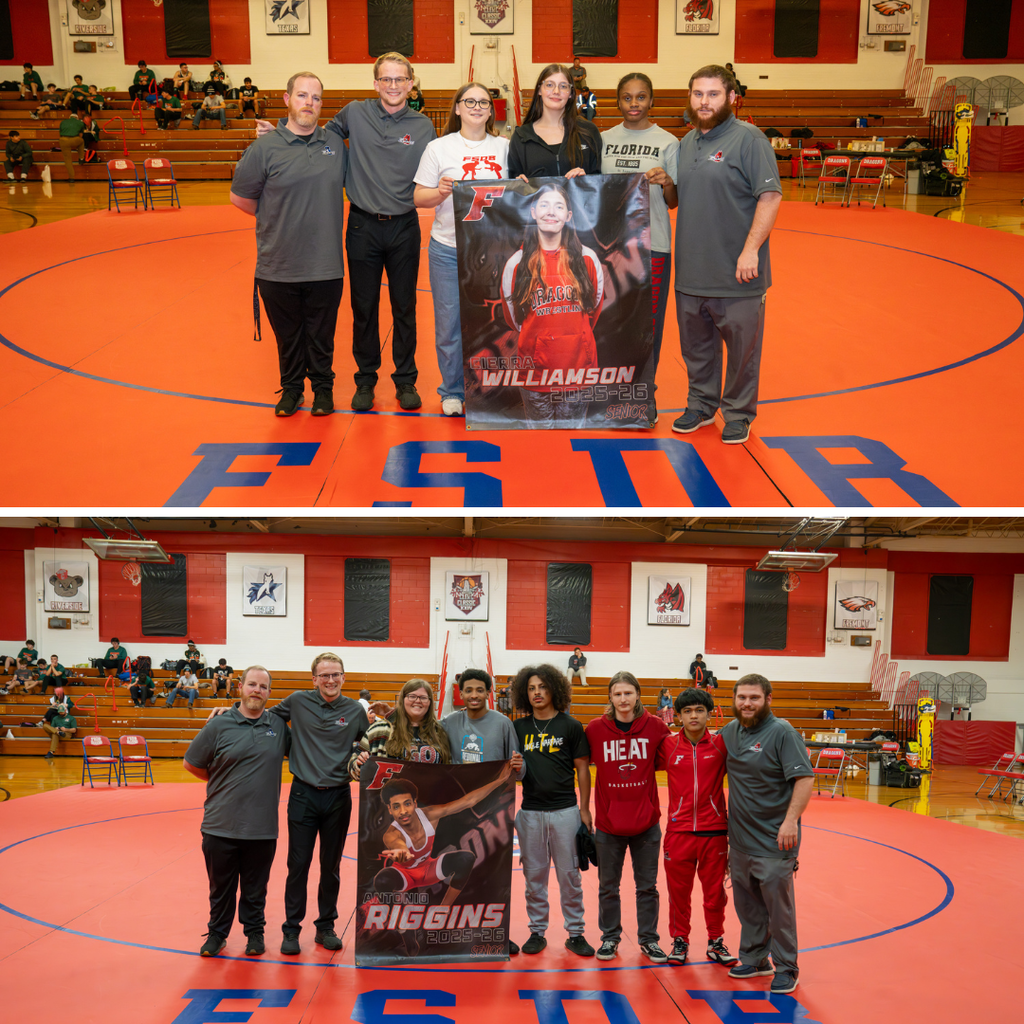 Two photo collage of Senior Wrestlers smiling with their family, friends staff members and coaches inside Settles Gym. 