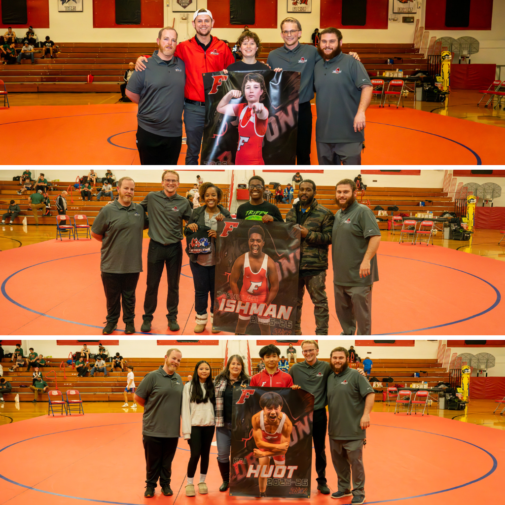 Three photo collage of the FSDB senior Wrestlers smiling with their family, friends staff members and coaches inside Settles Gym. 