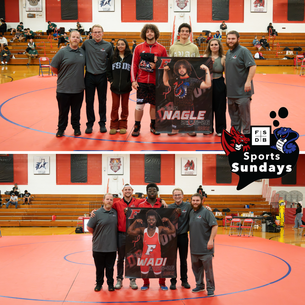 Two photo collage of Senior Wrestlers smiling with their family, friends staff members and coaches inside Settles Gym. 