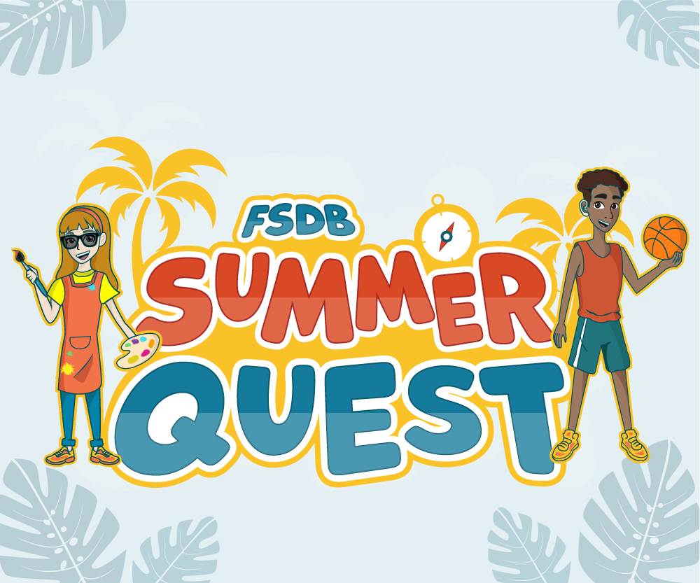 FSDB Summer Quest Logo with a cartoon drawing of a blind girl holding a paint brush and palette on the left side and deaf boy holding a basketball on the right side..