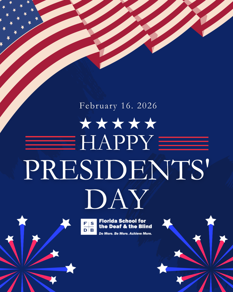 Navy blue background with red, white and blue fireworks, and the American flag. The white text says "Happy Presidents Day, February 16, 2026" with the white FSDB logo. 