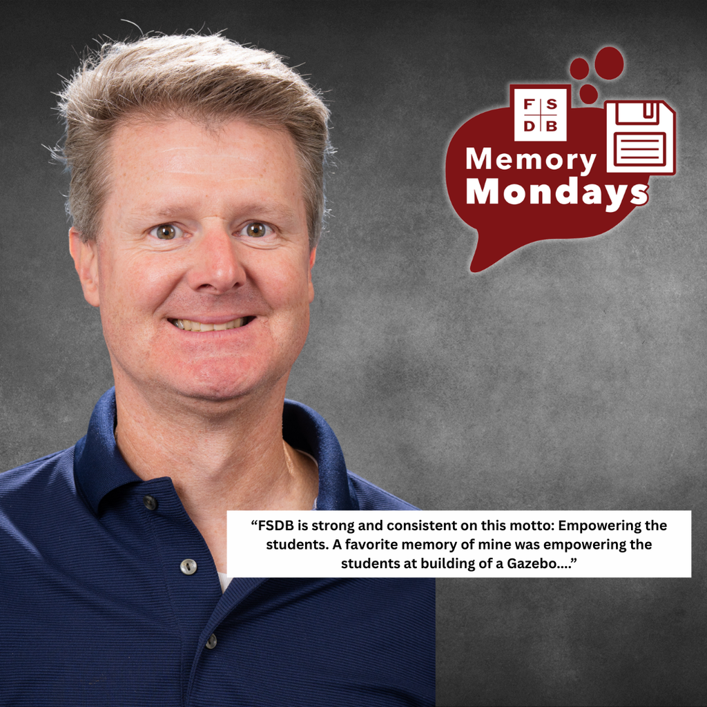 Randall is wearing a blue collar shirt smiling for his photo with a white text box on the right side says "FSDB is strong and consistent on this motto: Empowering the students. A favorite memory of mine was empowering the students at building of a Gazebo.."