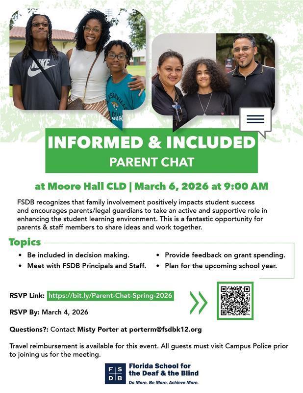 Green & white flyer that shares all the information needed to know for the "Informed and Included" parent chat event.