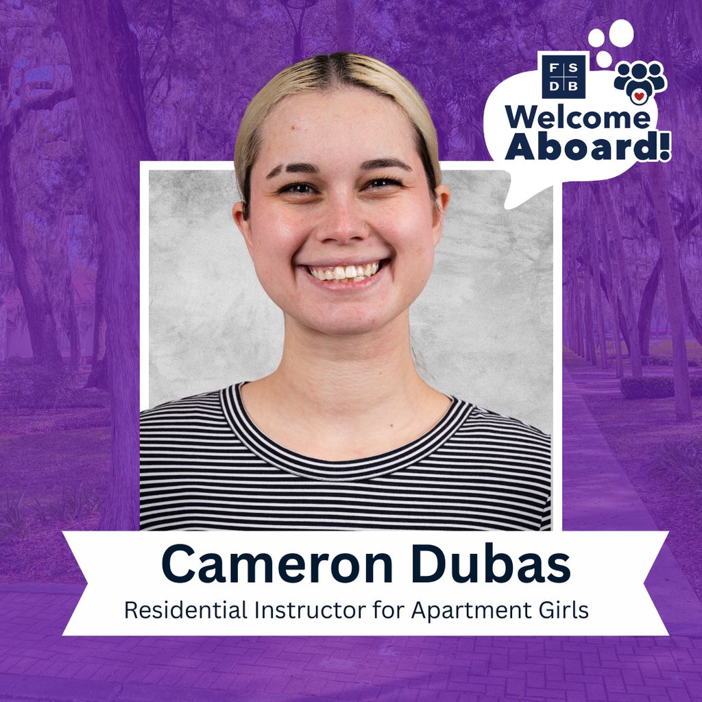 Cameron is wearing a black and white stripe shirt smiling for her photo with a silver backdrop and purple background. Below the photo is a white text box that says "Cameron Dubas, Residential Instructor for Apartment Girls"