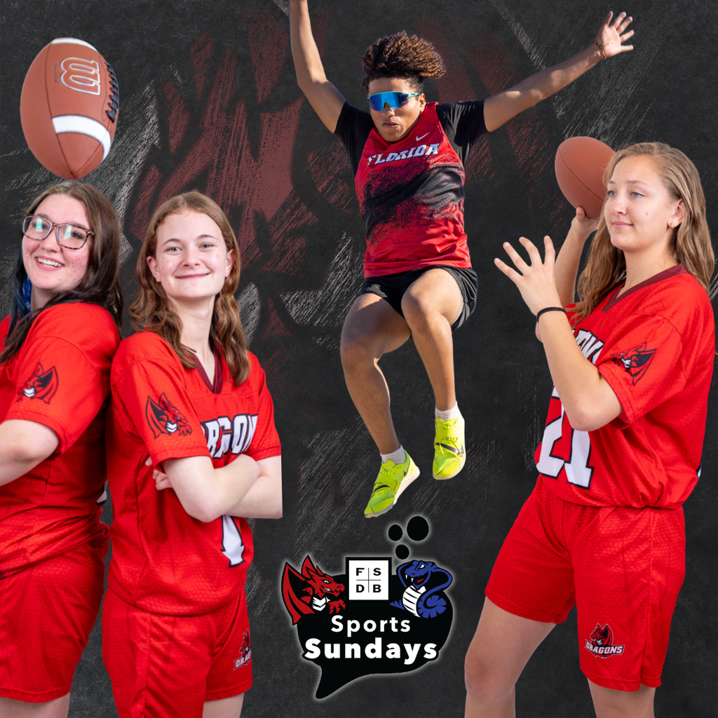 Three girls flag football players and one track and field runner on the graphic with a black dragon background.
