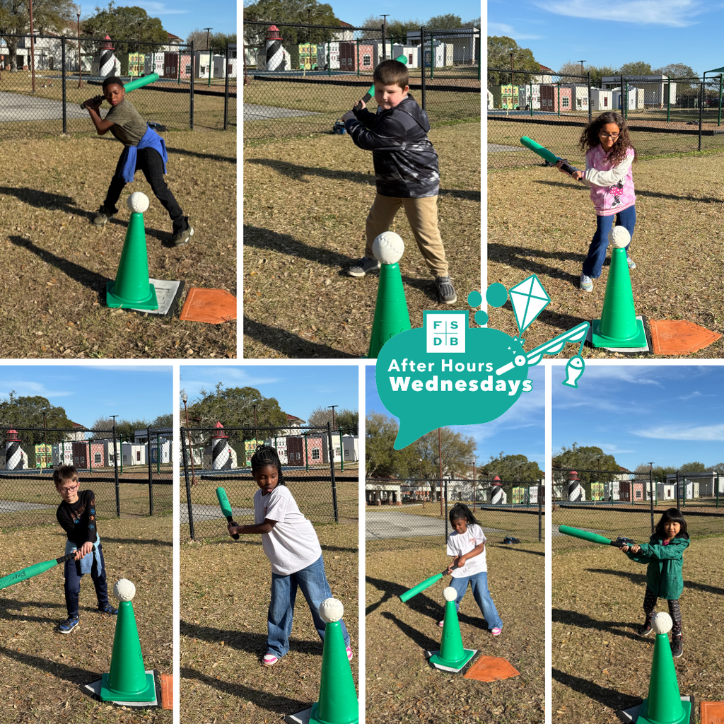 Seven photos of deaf elementary students swinging the bat with a ball on a green cone outside. 