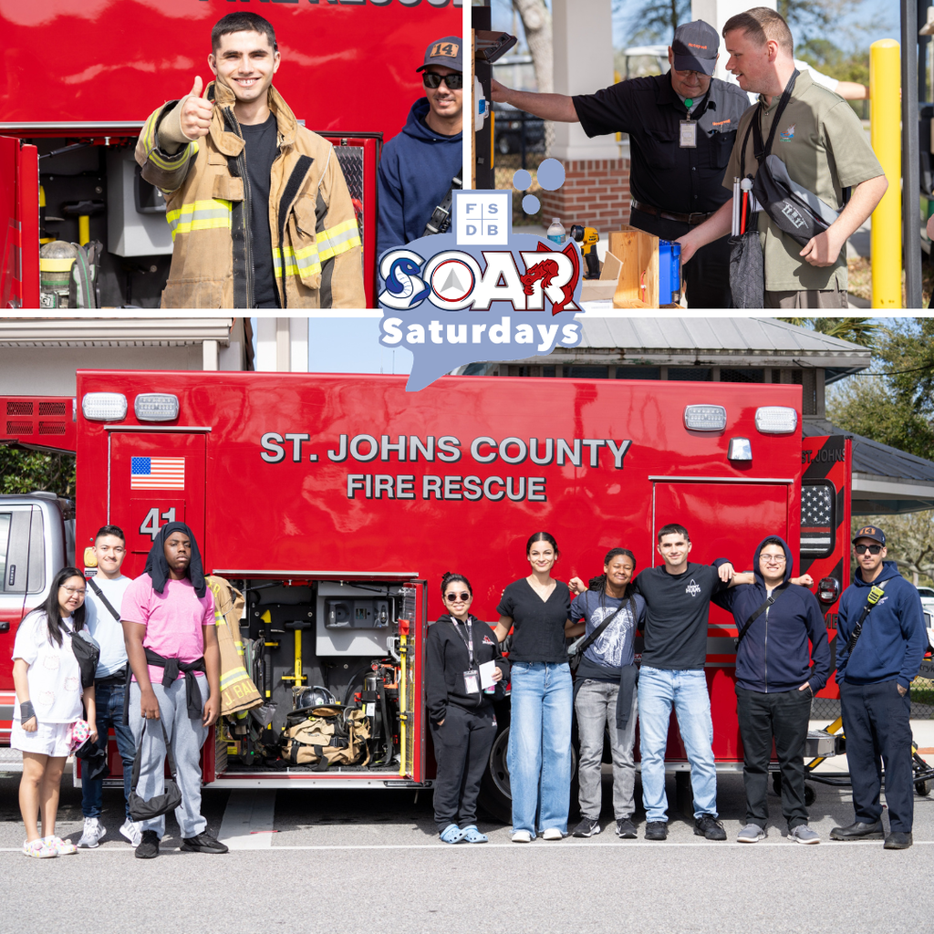 Top Left Photo is a deaf soar student wearing a fire fighter jacket holding thumbs up for the photo. Top right photo is a blind soar student talking with the Honeywell . Below photo is a group of SOAR students smiling by the fire rescue truck and a worker. 