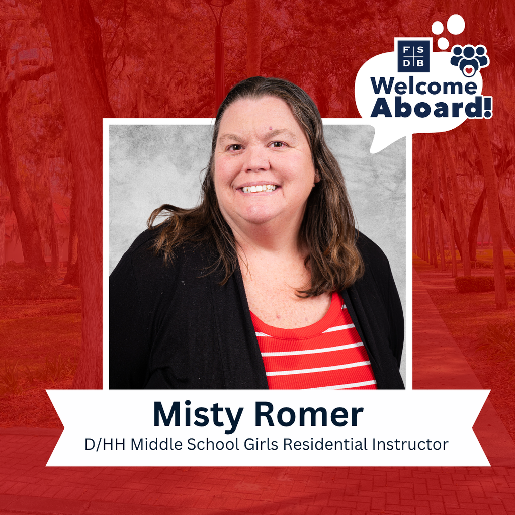 Misty is wearing a red stripe shirt with black cardigan smiling for her photo with a silver backdrop and red background. Below the photo is a white graphic that says "Misty Romer, D/HH Middle School Girls Residential Instructor"