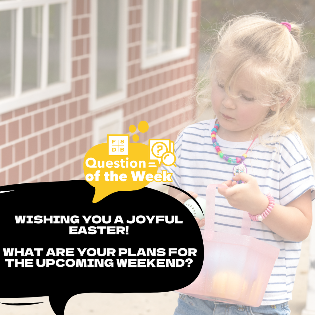 A faded photo of a girl holding a pink easter basket with a black quote box on the bottom left says "Wishing you a joyful easter! What are your plans for the upcoming weekend?"