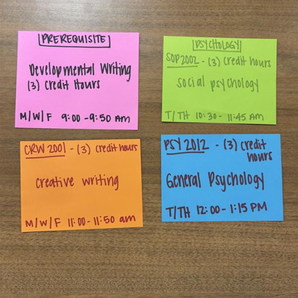 A closeup of some of the cards with sample college classes.