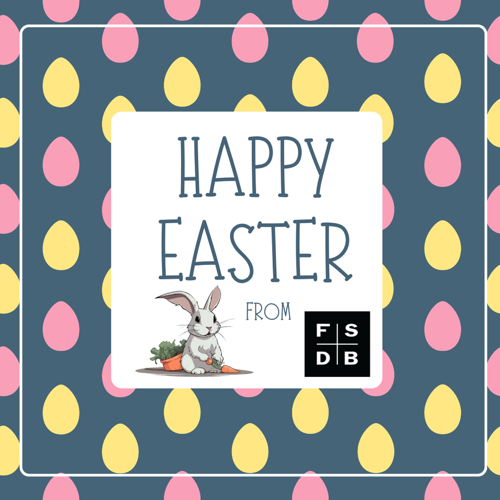 A blue background with yellow and pink easter eggs scattered all over the photo, and a white square textbox in the middle that says "Happy Easter from FSDB" with a clip art photo of a easter bunny eating carrots.