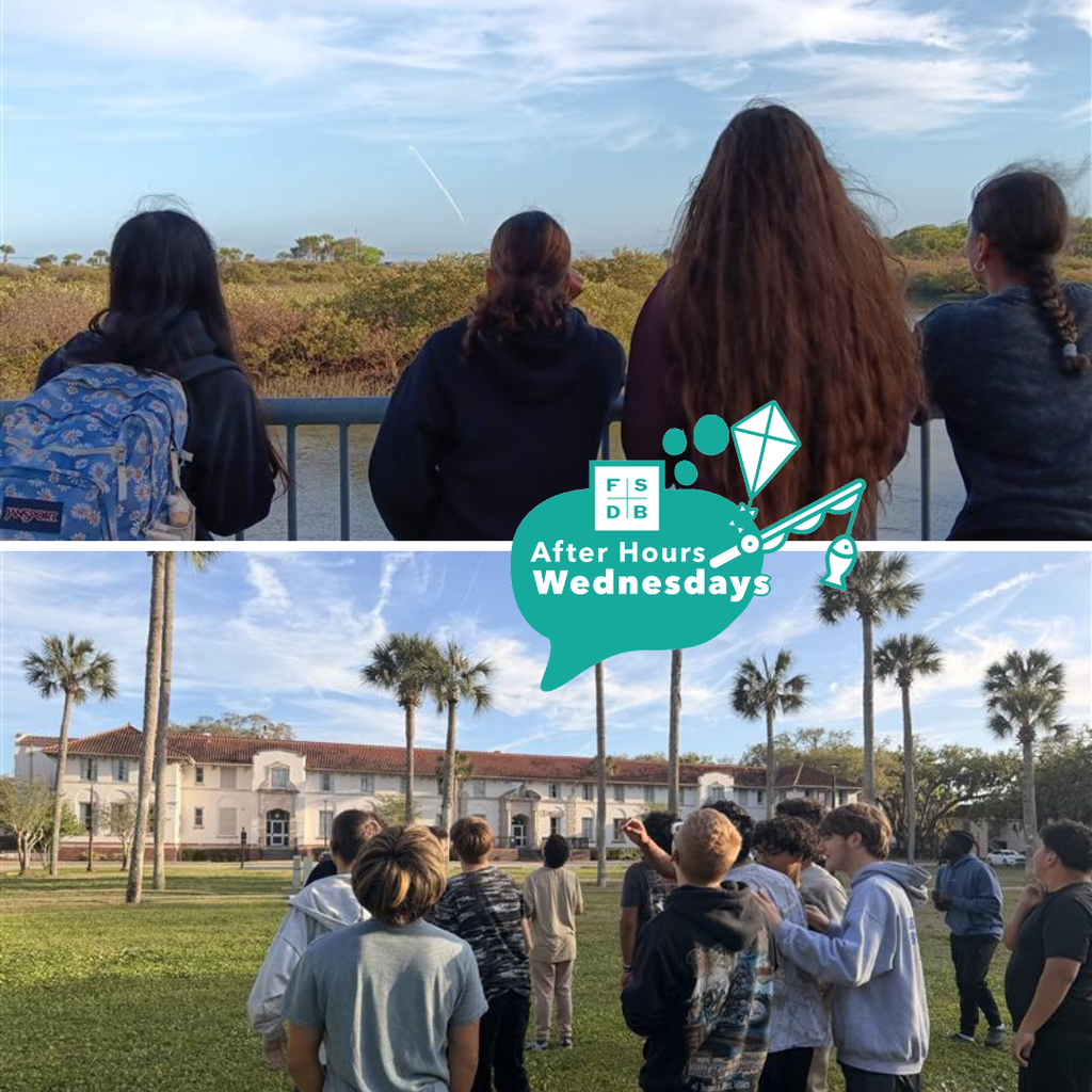 Two photo collage of two dorms watching the Artemis II launch outside around FSDB campus.