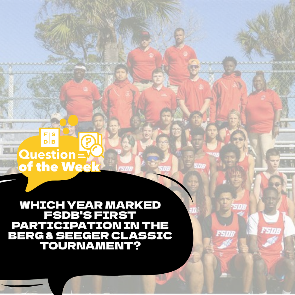 Faded photo of the 2023 boys and girls track team sitting at the bleachers with a black quote box on the bottom left corner that says "Which year marked FSDB's first participation in the Berg & Seeger classic tournament?"