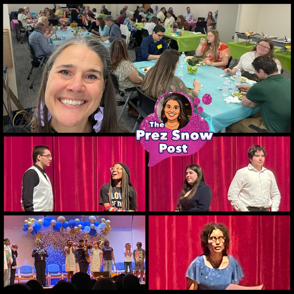 A collage of five photos. The top image shows President Snow taking a selfie during a dinner, with honorees, friends, and family seated at tables with colorful tablecloths. The lower images feature high school students on a stage with red curtains during group and individual presentations, as well as a decorated stage with balloons and confetti where middle school students stand in a line performing a mini‑play.