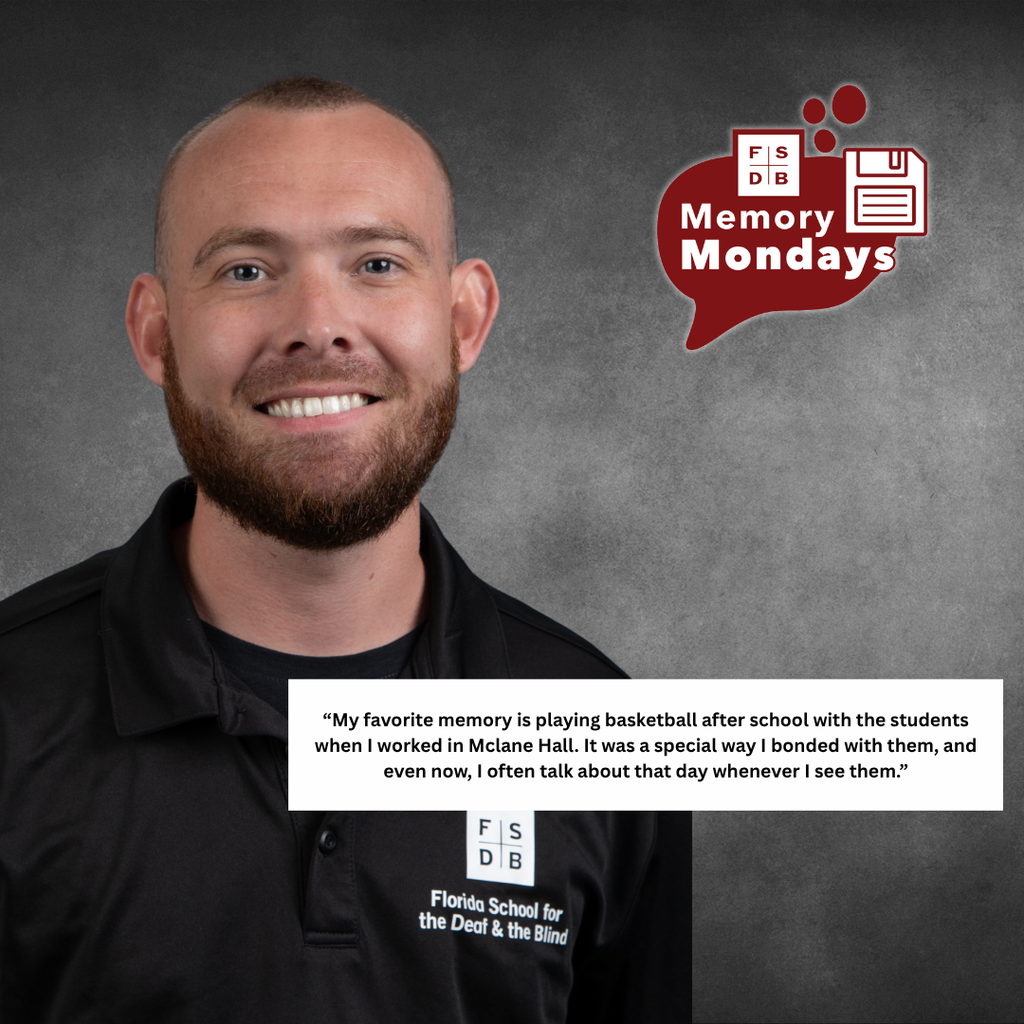 Chris is wearing a black collar shirt with the FSDB logo on the right side of his chest smile for a photo with a gray background, and a white textbox below his photo says My favorite memory is playing basketball after school with the students when I worked in Mclane Hall. It was a special way I bonded with them, and even now, I often talk about that day whenever I see them."