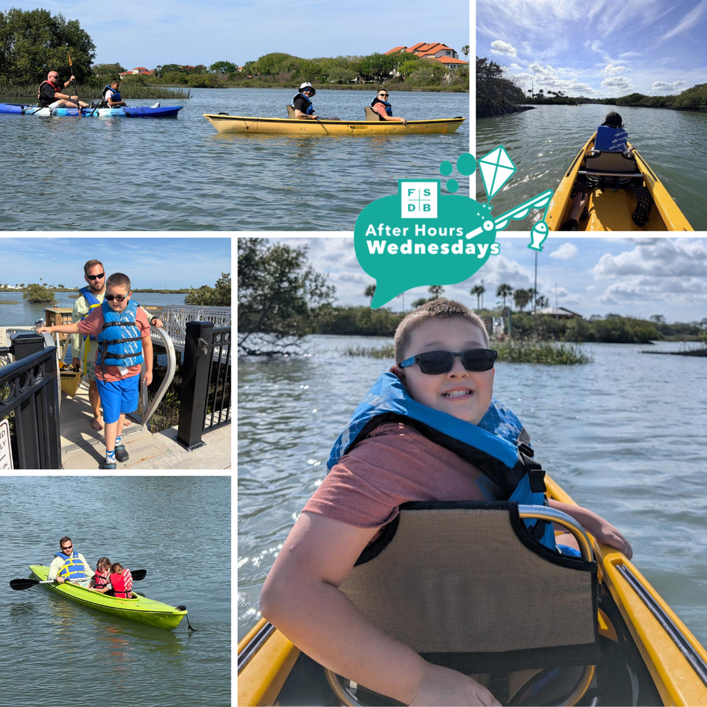 Five photo collage of Kramer students kayaking out on the water surrounding FSDB. 