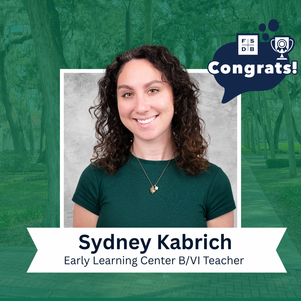 Sydney is wearing a green short sleeve shirt smiles for her photo with a silver backdrop and green background. Below her photo is a white textbox that says "Sydney Kabrich, Early Learning Center B/VI Teacher" 