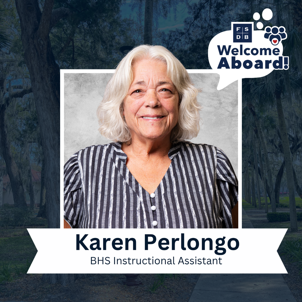 Karen is wearing a navy blue stripe shirt smiles for her photo in front of a silver backdrop and blue background. Below her photo is a white text graphic that says "Karen Perlongo, BHS Instructional Assistant" 