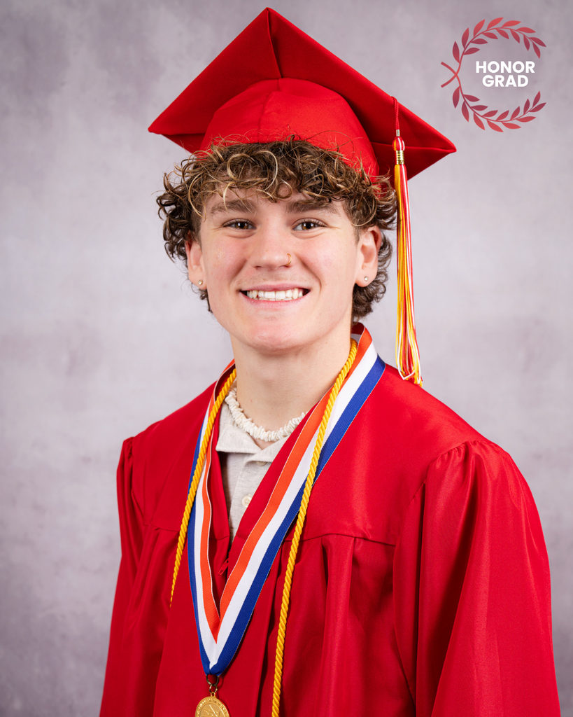 Jonah is wearing a cap and gown smiling for his photo with an "Honor Grad" logo on the top right corner. 