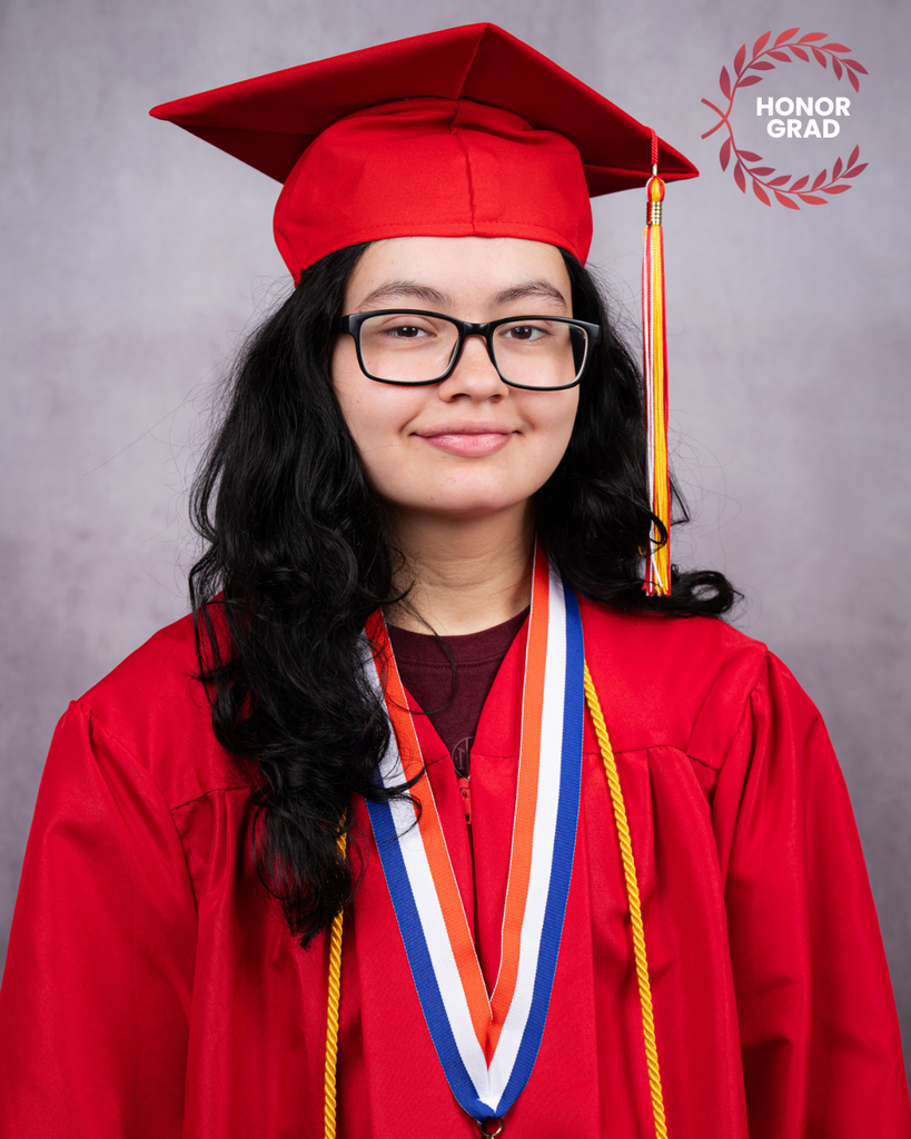 Hannah is wearing a red cap and gown smiling for her photo with the "Honor Grad" logo on the top right corner.
