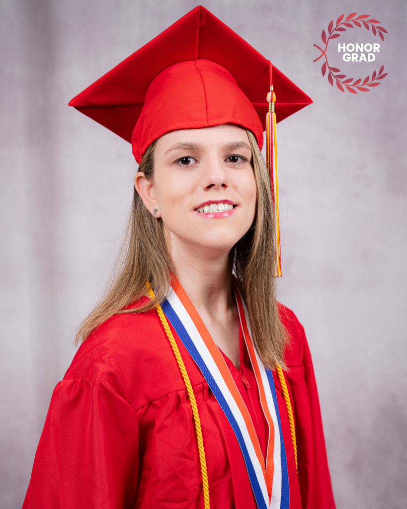 Ellen is wearing her red cap and gown smiling for her photo with a "Honor Grad" logo on the top right corner. 