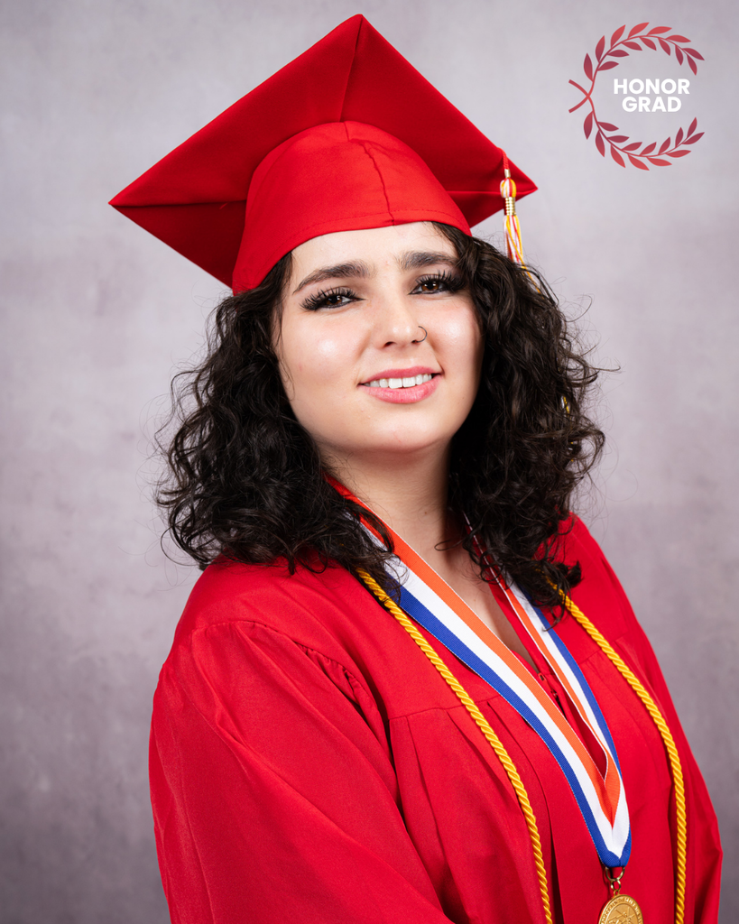 Annalei is wearing a red cap and gown smiles for her photo with a "Honor Grad" logo on the top right corner. 